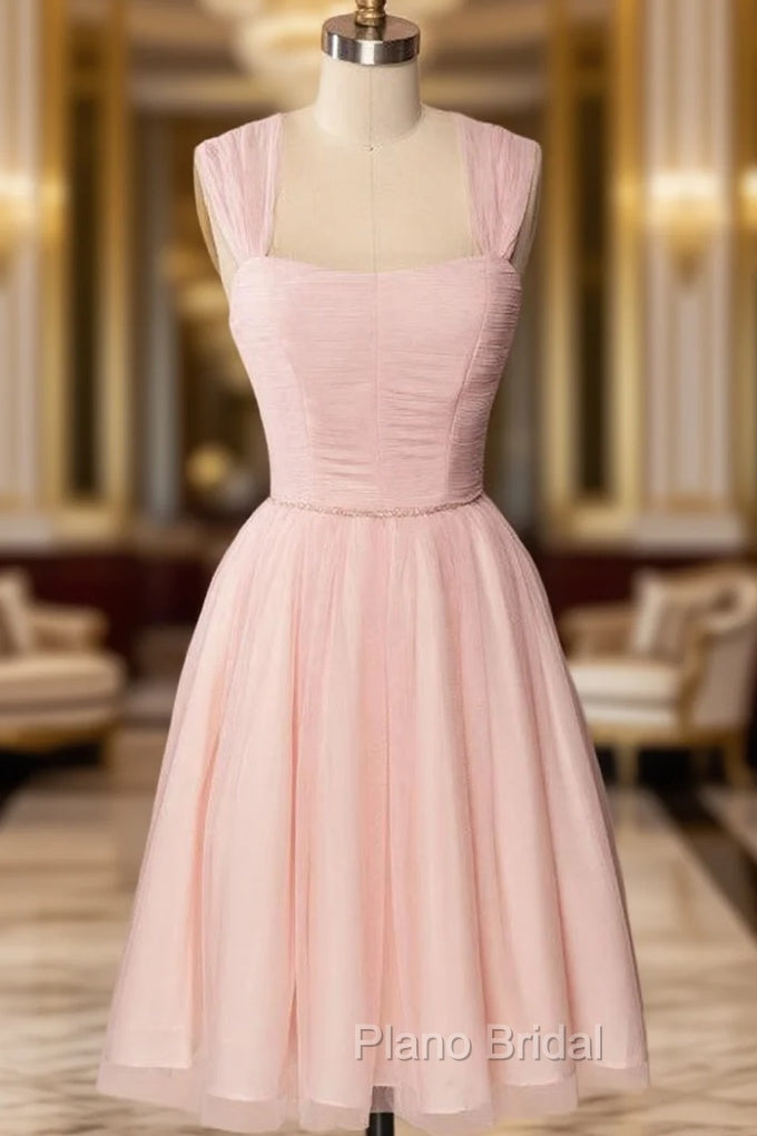 A-Line Pink Tulle Straps Pleats Beading Homecoming Dresses