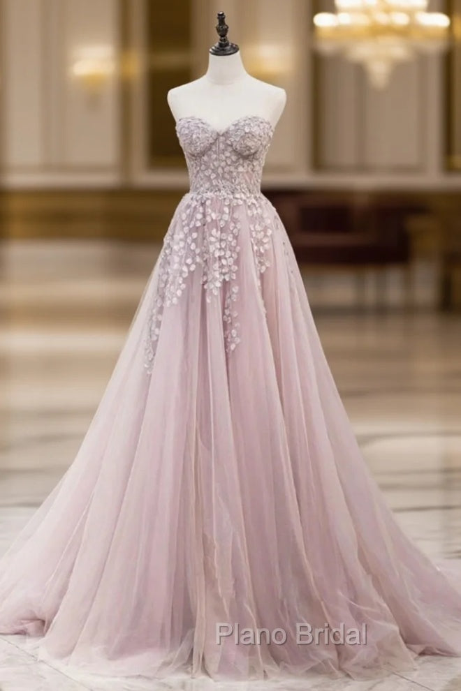 A-Line Pink Tulle Sweetheart Appliques Formal Prom Dresses