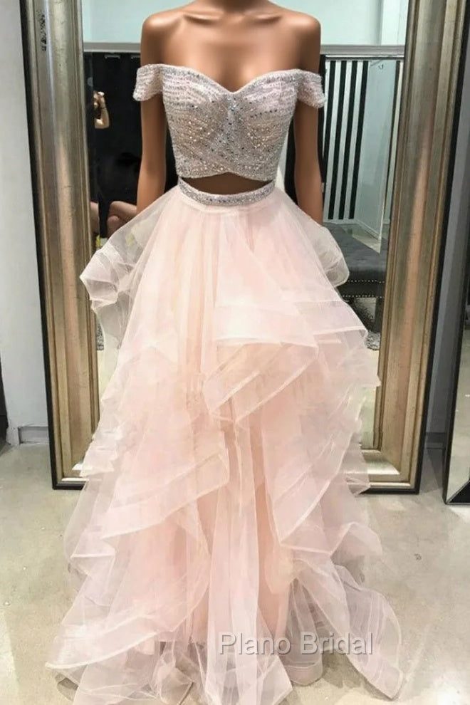 A-Line Pink Tulle Two Piece Off the Shoulder Long Formal Prom Dresses