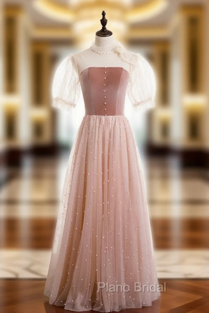 A-Line Pink Tulle Velvet High Neck Short Sleeve Formal Prom Dresses