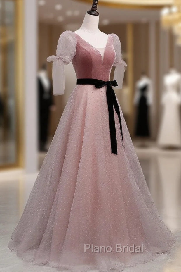 A-Line Pink Tulle Velvet Long Formal Prom Dresses, Pink Formal Dresses Secondary image
