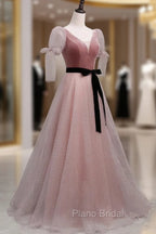 A-Line Pink Tulle Velvet Long Formal Prom Dresses, Pink Formal Dresses