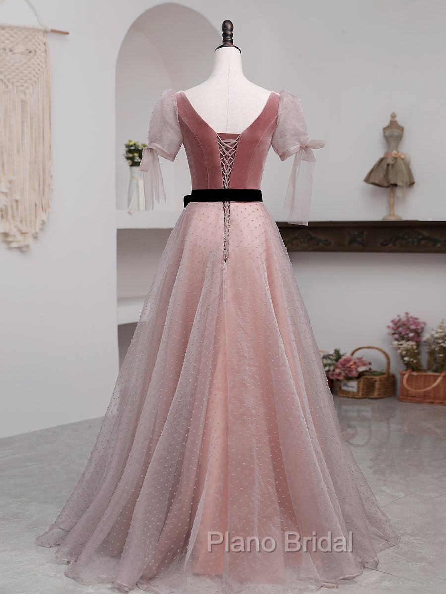 A-Line Pink Tulle Velvet Long Formal Prom Dresses, Pink Formal Dresses