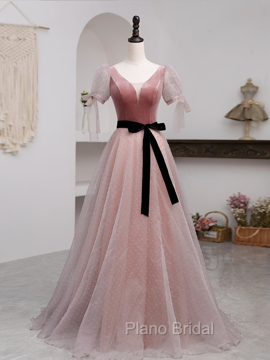 A-Line Pink Tulle Velvet Long Formal Prom Dresses, Pink Formal Dresses
