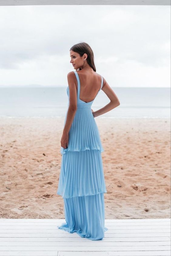 A-Line Pleated Blue Formal Prom Dresses Formal Party Dresses