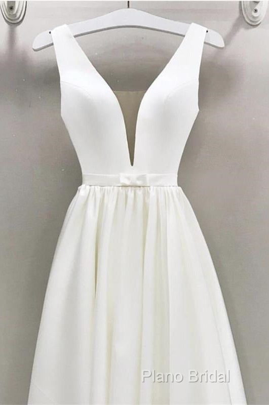 A-Line Plunge Neck Floor Length Satin Wedding Dresses Main image