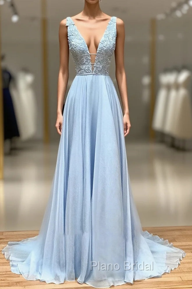 A Line Plunge V Neck Lace Chiffon Formal Prom Dresses