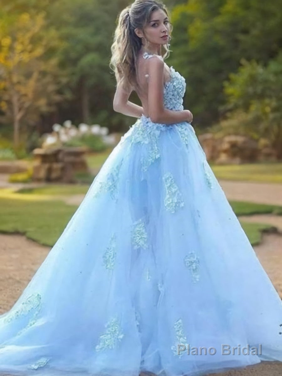 A-Line/Princess Bateau Sweep Train Tulle Prom Dresses With Appliques Lace Main image