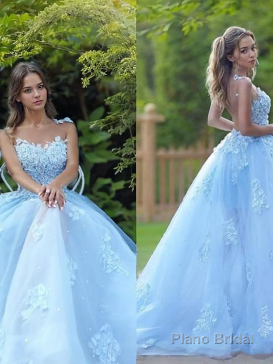 A-Line/Princess Bateau Sweep Train Tulle Prom Dresses With Appliques Lace Secondary image