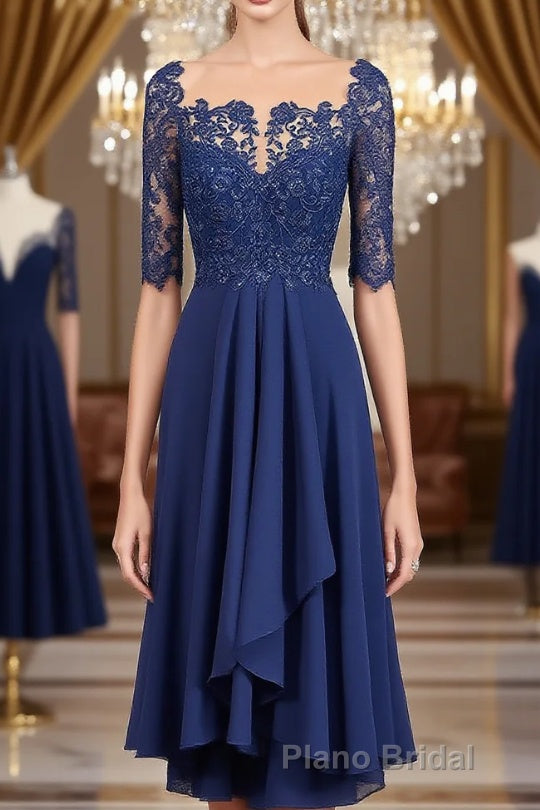 A-Line/Princess Bateau Tea-Length Chiffon Mother of the Bride Dresses With Appliques Lace Main image