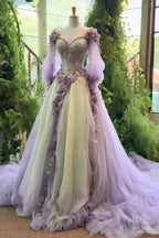 A Line Princess Floral Wedding Dresses Lace Applique Sweetheart Tulle Bridal Gown