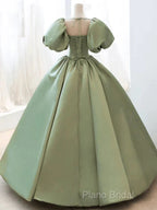 A-Line Princess Green Satin Puffy Sleeves Long Formal Dresses Satin Formal Prom Dresses Party Dresses