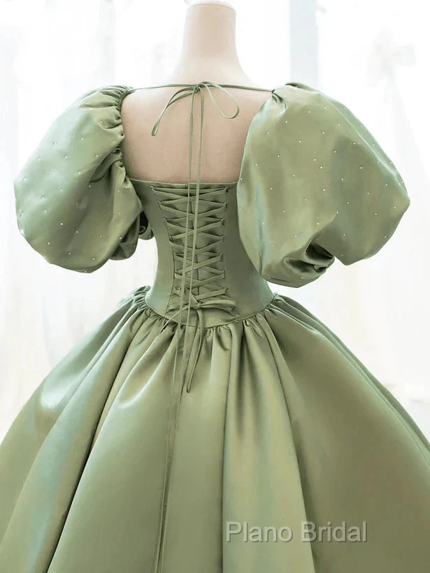 A-Line Princess Green Satin Puffy Sleeves Long Formal Dresses Satin Formal Prom Dresses Party Dresses