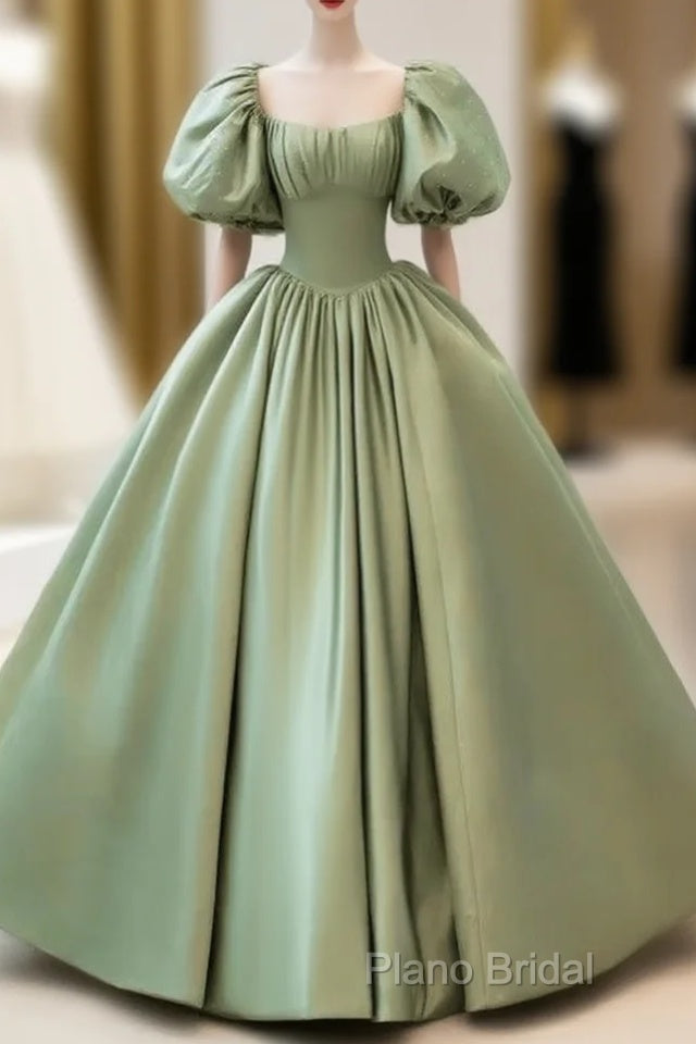 A-Line Princess Green Satin Puffy Sleeves Long Formal Dresses Satin Formal Prom Dresses Party Dresses Main image