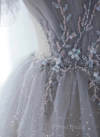 A-Line Princess Grey Beaded Layers Glitter Tulle Long Formal Dresses Off Shoulder Formal Prom Dresses