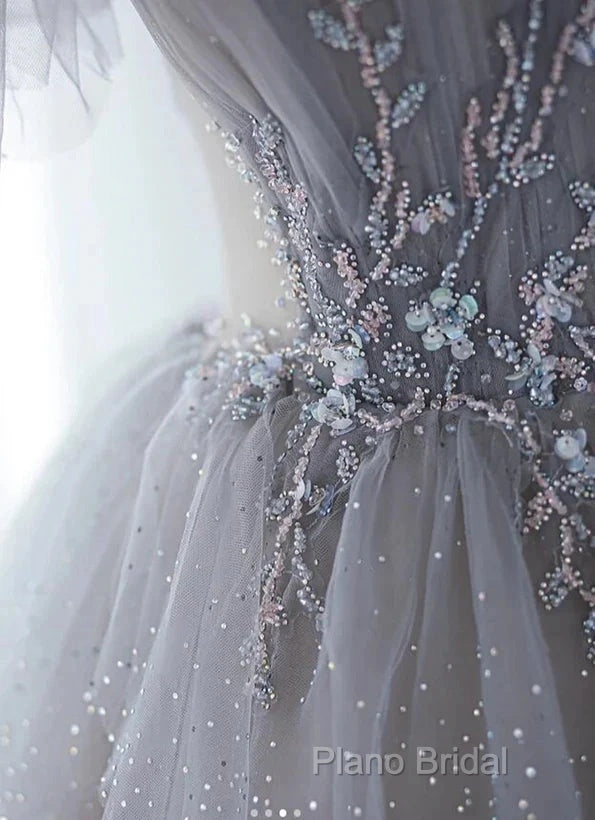 A-Line Princess Grey Beaded Layers Glitter Tulle Long Formal Dresses Off Shoulder Formal Prom Dresses