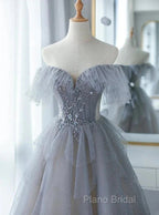 A-Line Princess Grey Beaded Layers Glitter Tulle Long Formal Dresses Off Shoulder Formal Prom Dresses