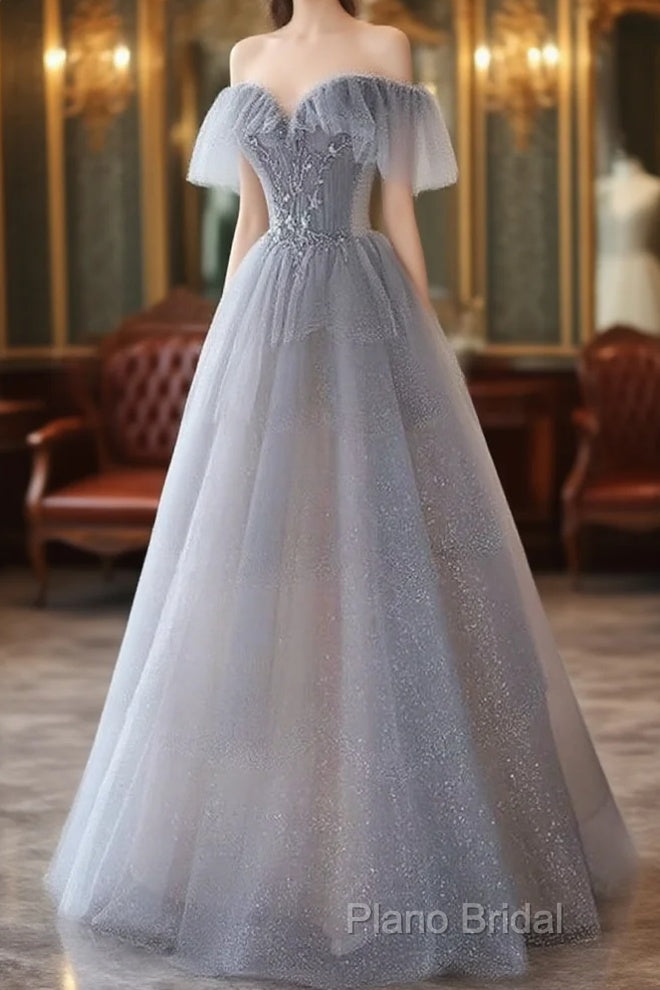 A-Line Princess Grey Beaded Layers Glitter Tulle Long Formal Dresses Off Shoulder Formal Prom Dresses