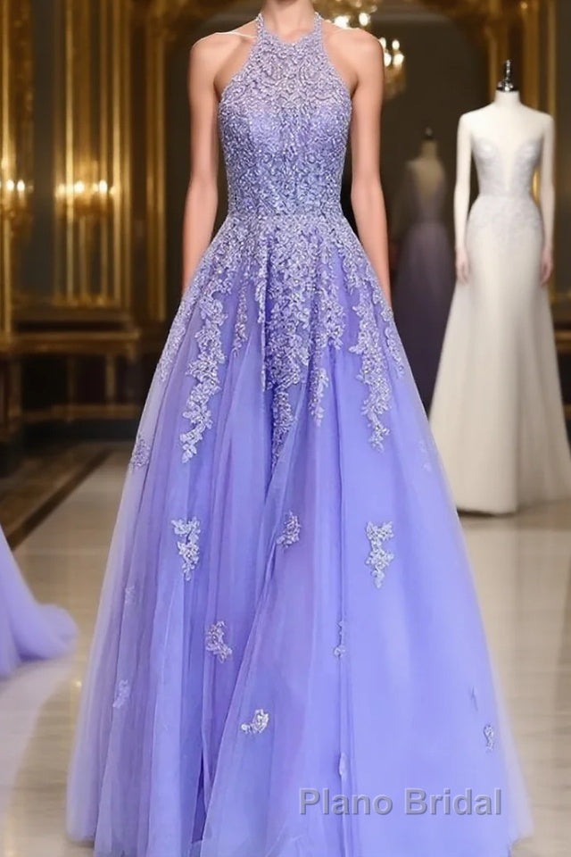 A-Line/Princess Halter Floor-Length Tulle Evening Dresses With Appliques Lace Main image