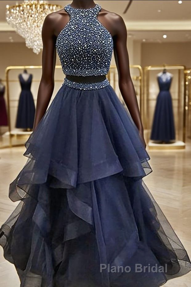 A-Line/Princess Halter Floor-Length Tulle Formal Prom Dresses