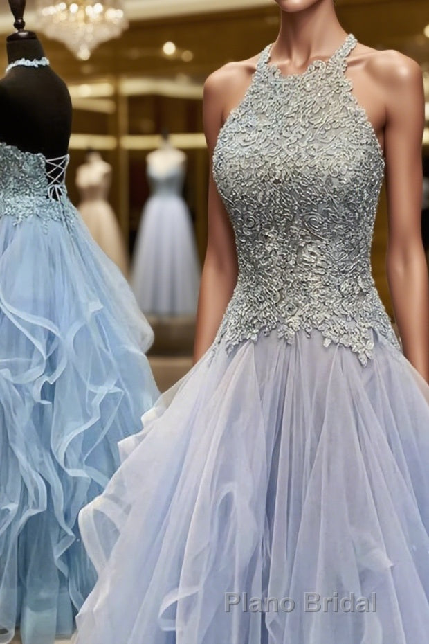 A-Line/Princess Halter Floor-Length Tulle Formal Prom Dresses With Appliques Lace Main image