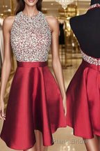 A-Line/Princess Halter Short/Mini Satin Homecoming Dresses With Beading