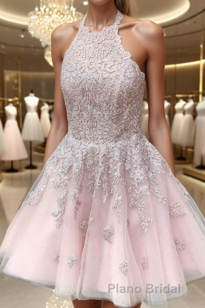 A-Line/Princess Halter Short/Mini Tulle Homecoming Dresses With Appliques Lace Main image