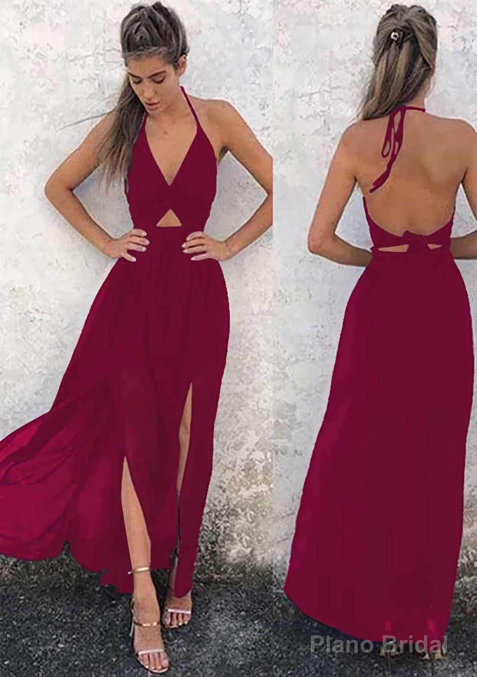 A-line/Princess Halter Sleeveless Ankle-Length Chiffon Prom Dresses With Split