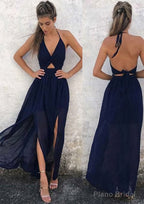 A-line/Princess Halter Sleeveless Ankle-Length Chiffon Prom Dresses With Split