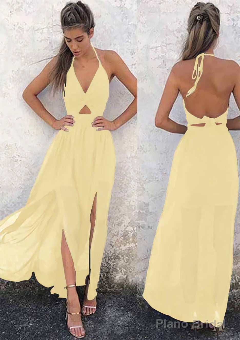 A-line/Princess Halter Sleeveless Ankle-Length Chiffon Prom Dresses With Split