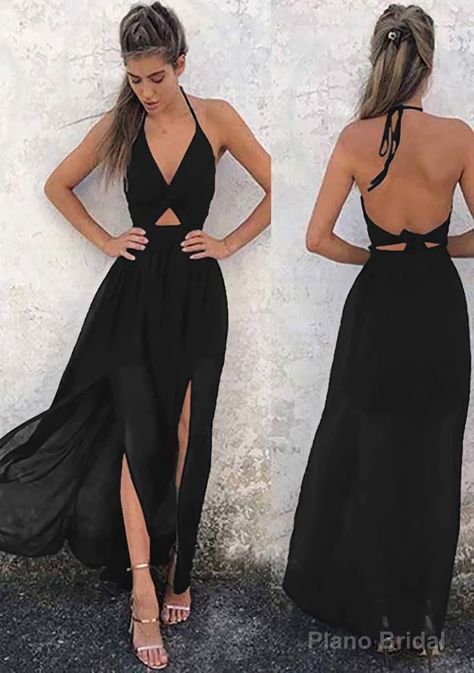 A-line/Princess Halter Sleeveless Ankle-Length Chiffon Prom Dresses With Split