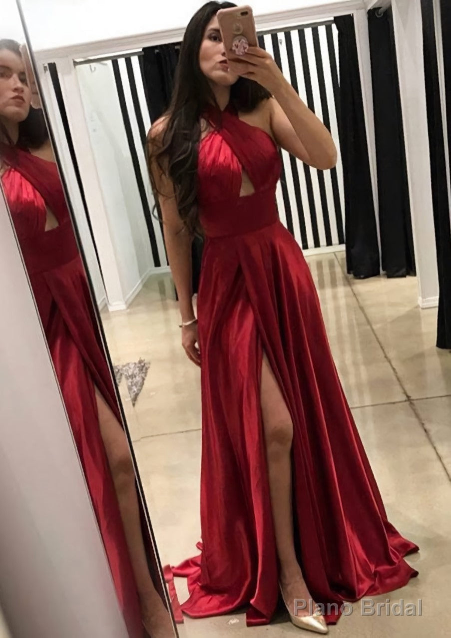 A-line/Princess Halter Sleeveless Sweep Train Charmeuse Prom Dresses With Split Main image