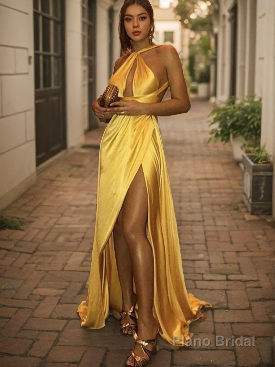 A-Line/Princess Halter Sweep Train Silk like Satin Prom Dresses With Leg Slit Main image