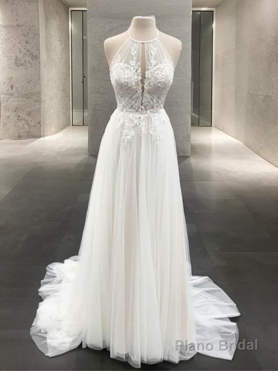A-Line/Princess Halter Sweep Train Tulle Wedding Dresses With Appliques Lace Main image