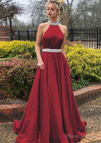 A-line/Princess High-Neck Sleeveless Sweep Train Satin Prom Dresses With Waistband Beading