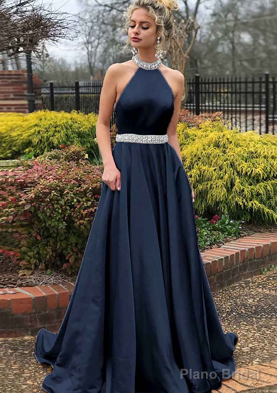 A-line/Princess High-Neck Sleeveless Sweep Train Satin Prom Dresses With Waistband Beading Secondary image