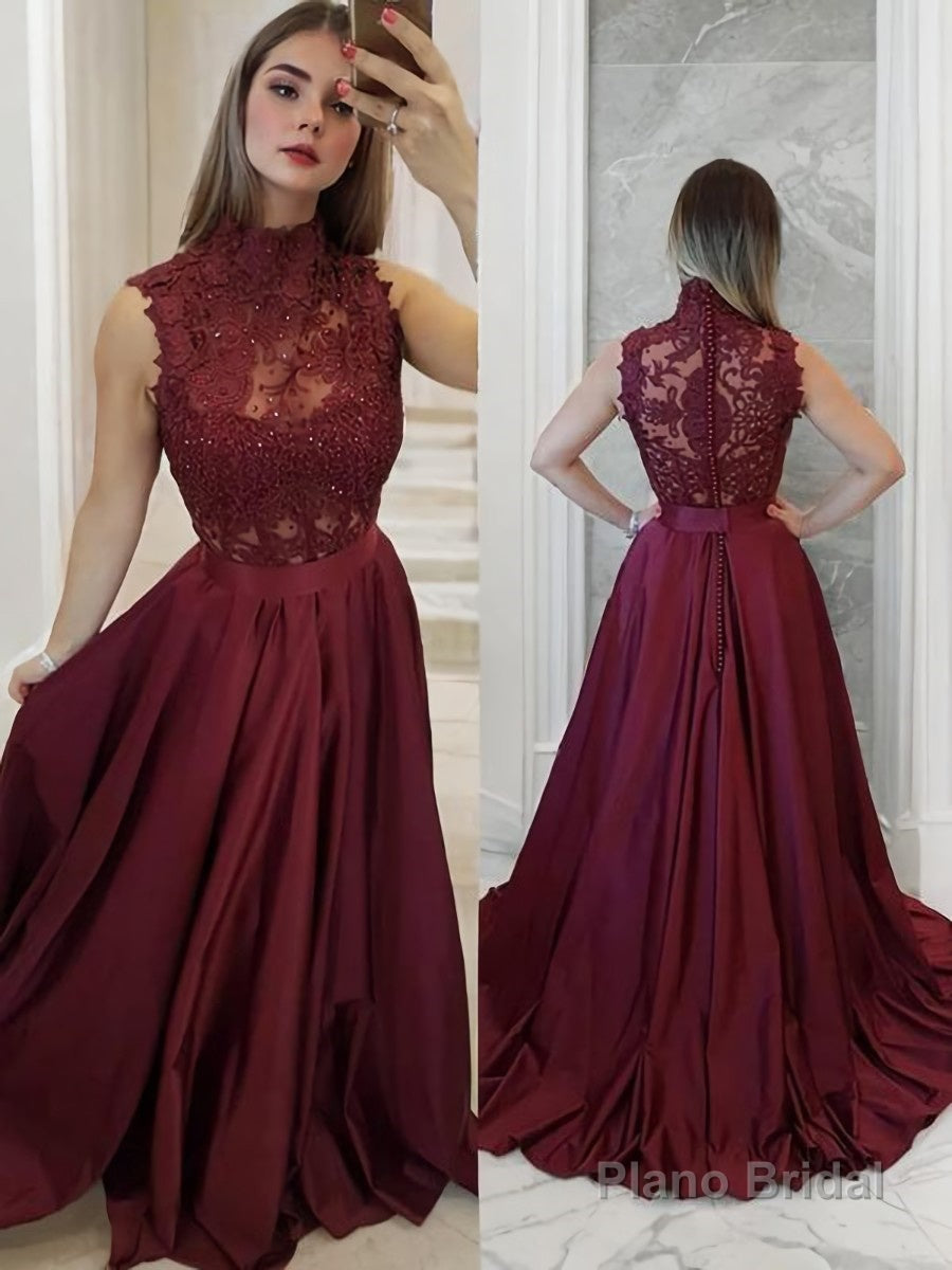 A-Line/Princess High Neck Sweep Train Satin Prom Dresses With Appliques Lace Main image