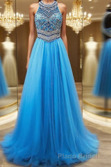 A-Line/Princess Jewel Sweep Train Tulle Evening Dresses With Beading