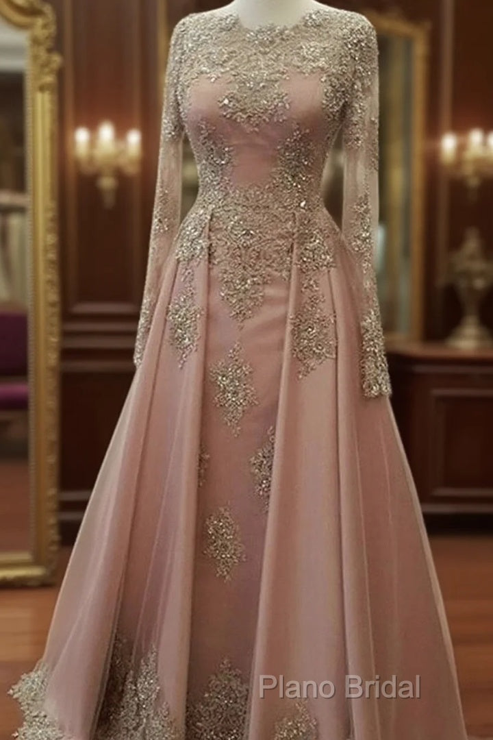 A-Line/Princess Long Sleeves Scoop Floor-Length Applique Tulle Muslim Dresses Main image