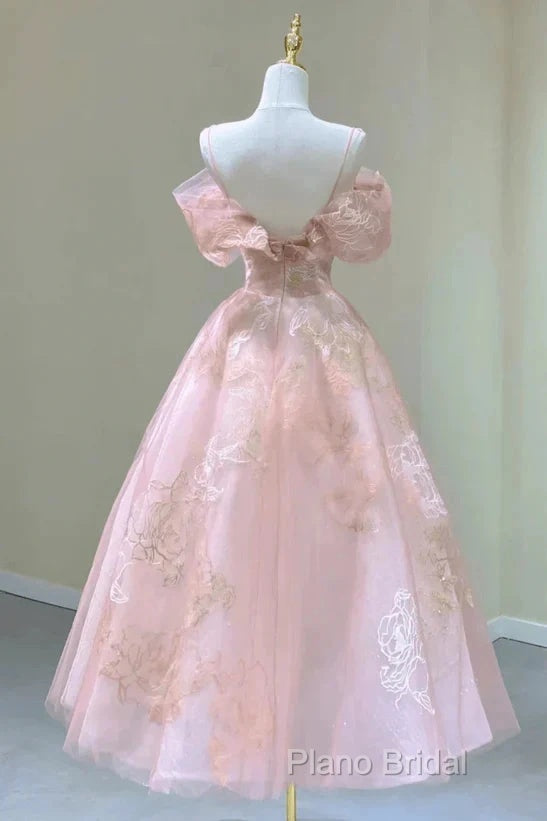 A-Line Princess Lovely Pink Tea Length Straps Tulle Formal Dresses Formal Prom Dresses Secondary image