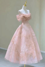 A-Line Princess Lovely Pink Tea Length Straps Tulle Formal Dresses Formal Prom Dresses