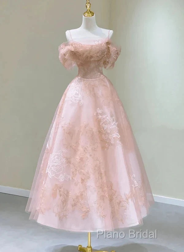 A-Line Princess Lovely Pink Tea Length Straps Tulle Formal Dresses Formal Prom Dresses