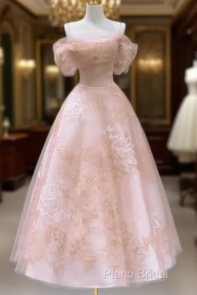 A-Line Princess Lovely Pink Tea Length Straps Tulle Formal Dresses Formal Prom Dresses Main image