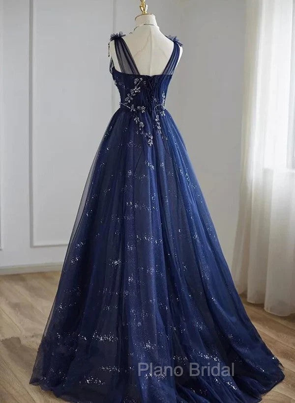 A-Line Princess Navy Blue Tulle Beaded V-neckline Party Dresses Shiny Tulle Formal Prom Dresses