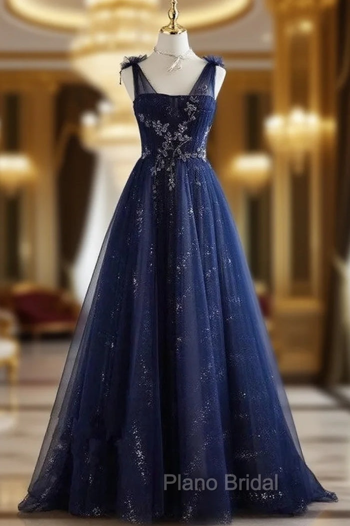 A-Line Princess Navy Blue Tulle Beaded V-neckline Party Dresses Shiny Tulle Formal Prom Dresses Main image