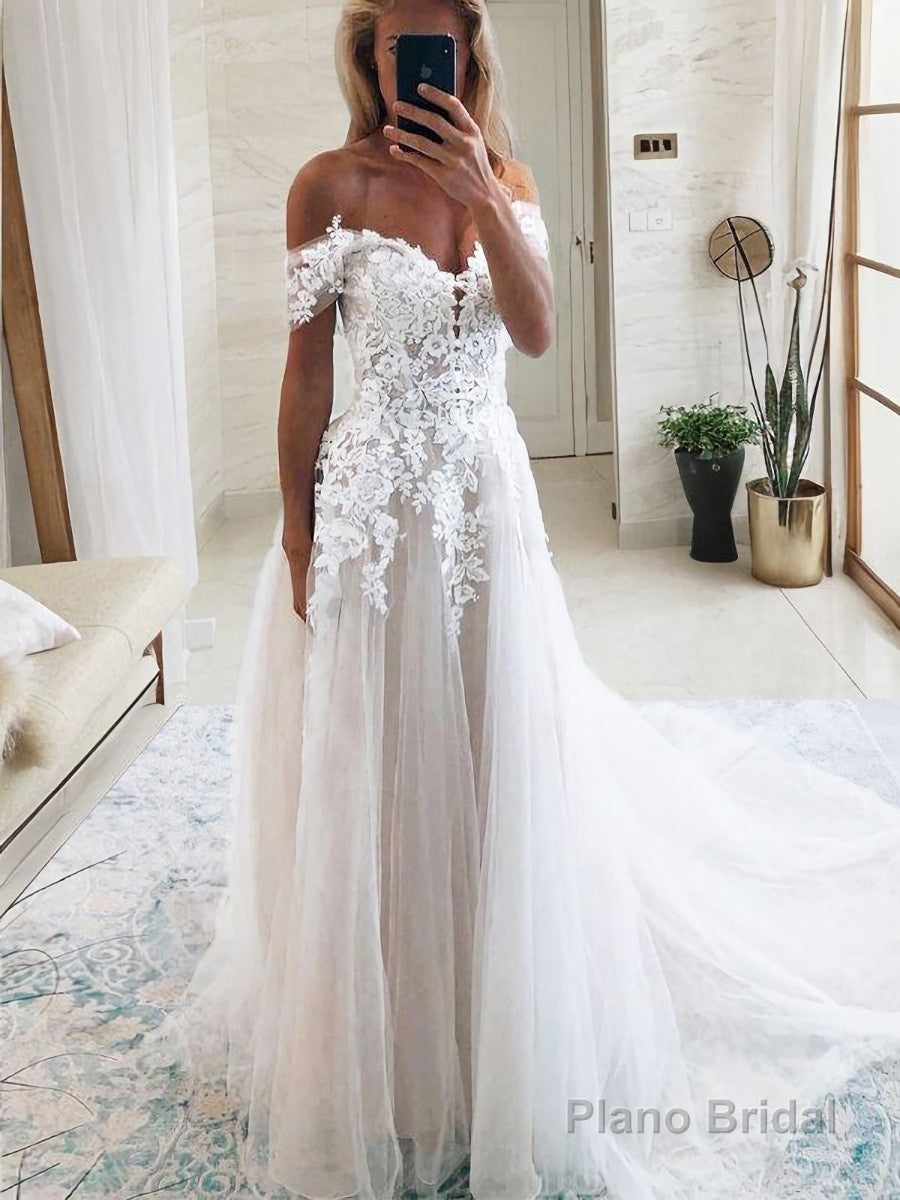 A-Line/Princess Off-the-Shoulder Cathedral Train Tulle Wedding Dresses With Appliques Lace Main image