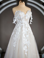 A-Line/Princess Off-the-Shoulder Chapel Train Tulle Wedding Dresses with Appliques Lace