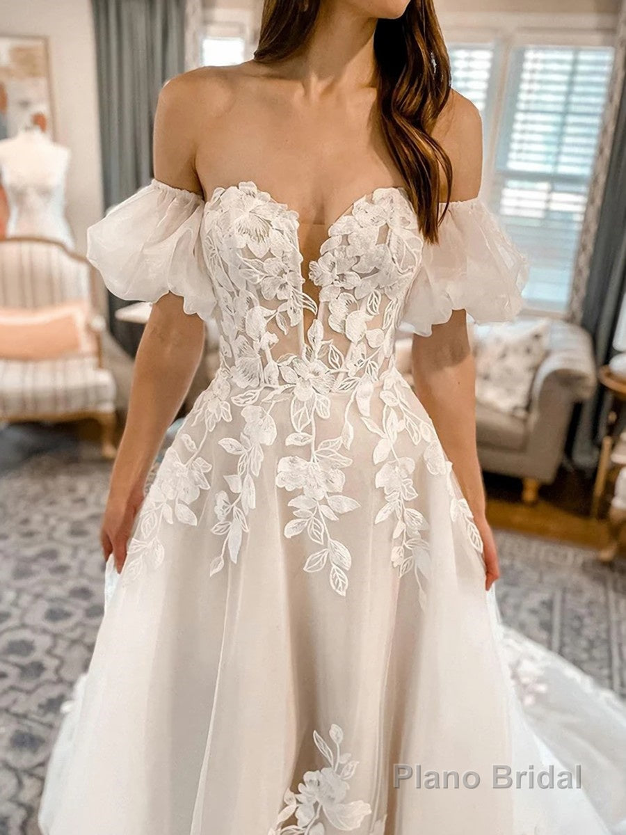 A-Line/Princess Off-the-Shoulder Chapel Train Tulle Wedding Dresses With Appliques Lace Main image
