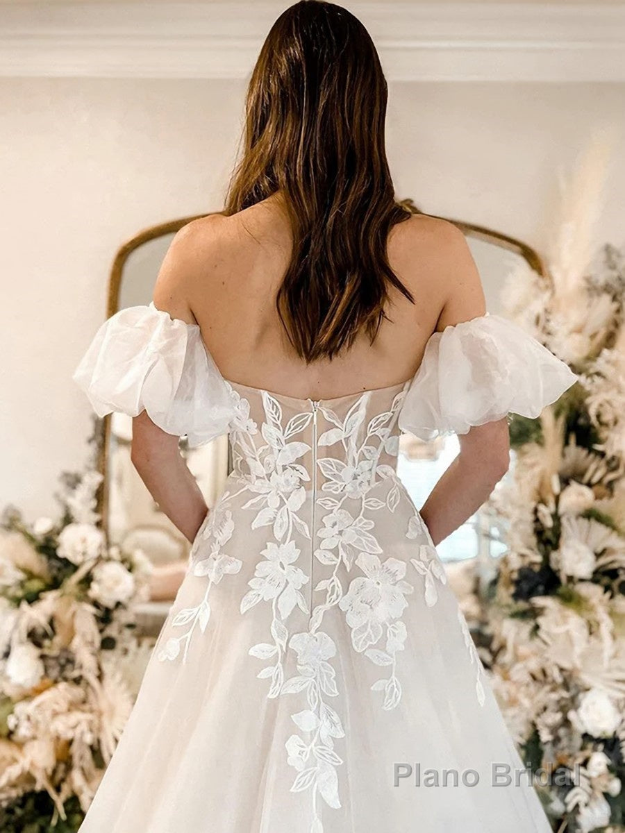 A-Line/Princess Off-the-Shoulder Chapel Train Tulle Wedding Dresses With Appliques Lace Secondary image
