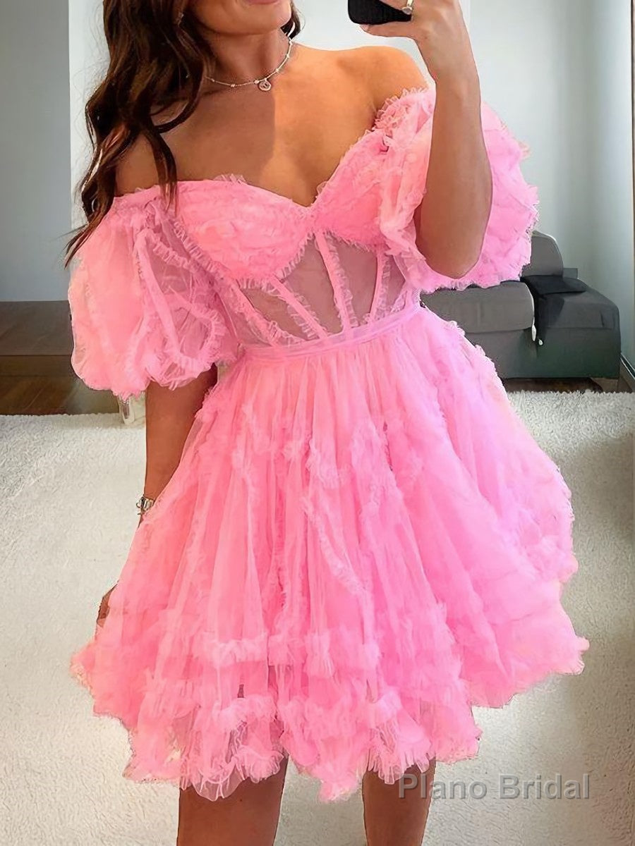 A-Line/Princess Off-the-Shoulder Corset Short/Mini Tulle Homecoming Dresses With Ruffles Main image